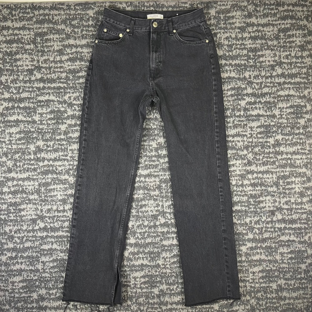 Pull&Bear Straight Leg Jeans Womens 8 Black Raw Hem Side Slit High Rise Denim